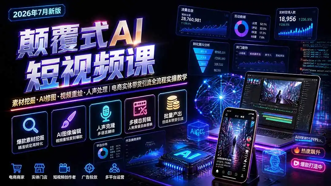颠覆式AI短视频课-更新|素材挖掘,AI修图,视频重绘,人声处理|电商实体带货引流全流程实操教学-创客联盟
