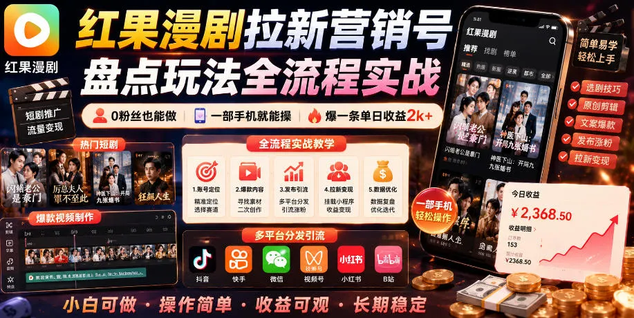 红果漫剧拉新营销号盘点玩法全流程实战，0粉丝也能做，一部手机就能做，爆一条单日收益2k+(更新0628)-创客联盟