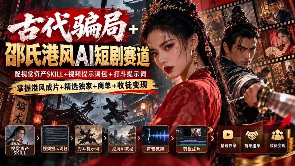 古代骗局+邵氏港风AI短剧赛道:配视觉资产SKILL+视频提示词包+打斗提示词,掌握港风成片+精选独家+商单+收徒变现-创客联盟