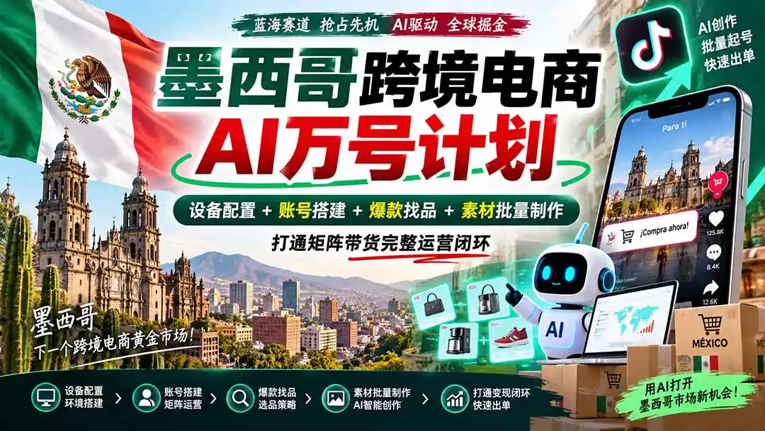 墨西哥AI跨境电商万号计划|设备配置+账号搭建+爆款找品+素材批量制作,打通矩阵带货完整运营闭环-创客联盟