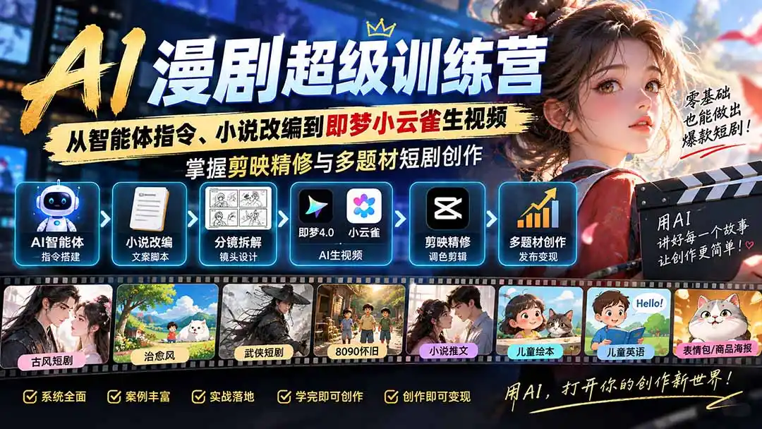 AI漫剧超级特训营:从智能体指令、小说改编到即梦小云雀生视频,掌握剪映精修与多题材短剧创作-创客联盟