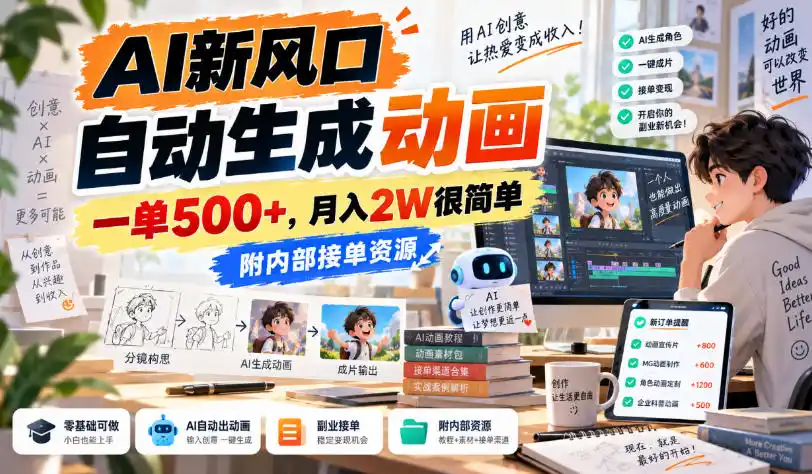 AI新风口,自动生成动画,一单500+,月入2W很简单,附内部接单资源【揭秘】-创客联盟