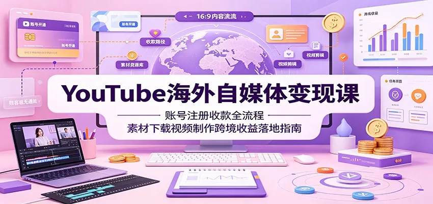 YouTube海外自媒体变现课：账号注册收款全流程，素材下载视频制作跨境收益落地指南-创客联盟