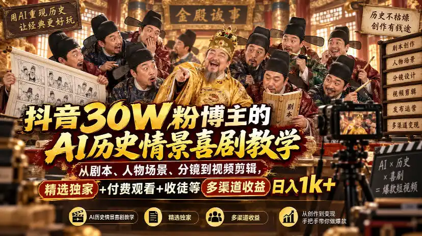 抖音30W粉博主的AI历史情景喜剧教学,从剧本、人物场景、分镜到视频剪辑,精选独家+付费观看+收徒等多渠道收益日入1k+-创客联盟