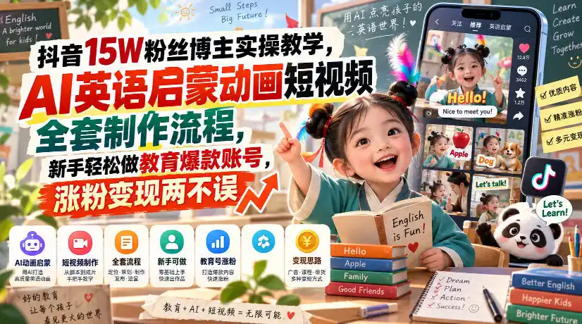 抖音15W粉丝博主实操教学,AI英语启蒙动画短视频全套制作流程,新手轻松做教育爆款账号,涨粉变现两不误-创客联盟