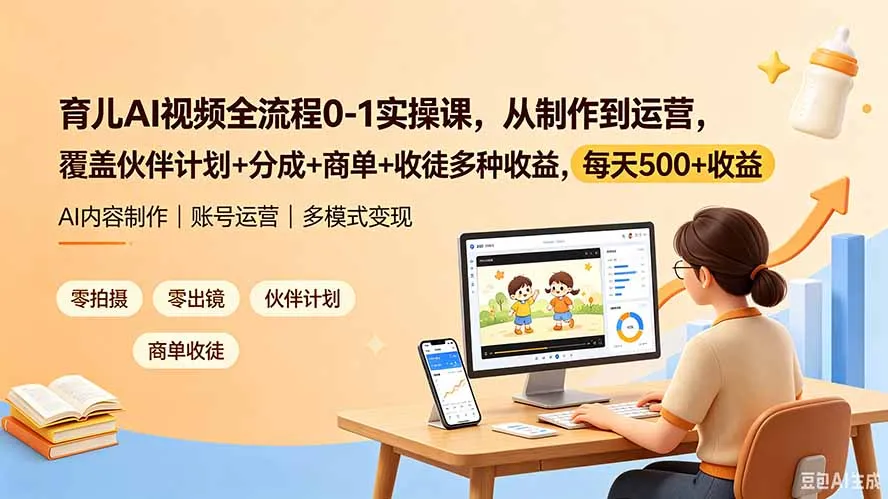 育儿AI视频全流程0-1实操课，从制作到运营，覆盖伙伴计划+分成+商单+收徒多种收益，每天500+收益-创客联盟