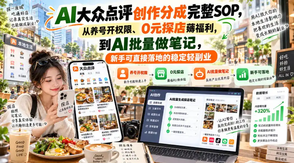 【无水印】AI大众点评创作分成完整SOP,从养号开权限、0元探店薅福利,到AI批量做笔记,新手可直接落地的稳定轻副业-创客联盟