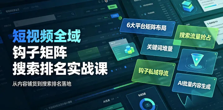 短视频全域钩子矩阵搜索排名实战课｜6大平台矩阵布局、关键词堆量抢占搜索流量、钩子私域导流、AI批量内容生成-创客联盟