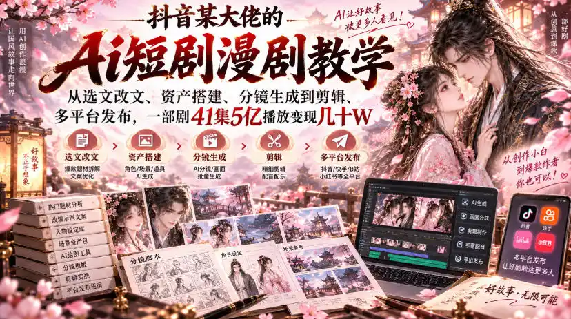 抖音某大佬的Ai短剧漫剧教学，从选文改文、资产搭建、分镜生成到剪辑、多平台发布，一部剧41集5亿播放变现几十W-创客联盟