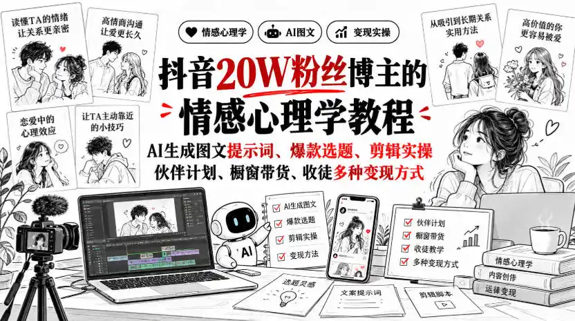 抖音20W粉丝博主静候心声的情感心理学教程,AI生成图文提示词、爆款选题、剪辑实操,伙伴计划、橱窗带货、收徒多种变现方式-创客联盟