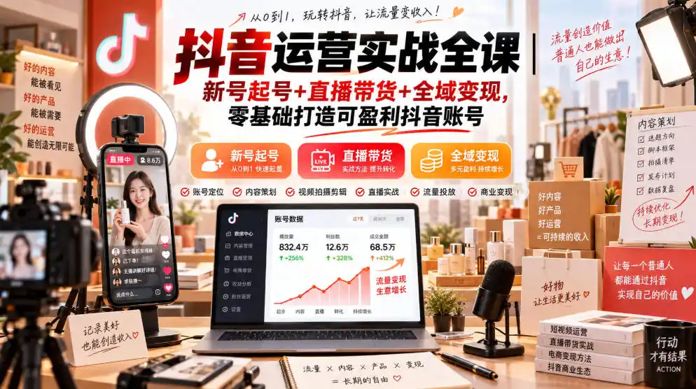 抖音运营实战全课|新号起号+直播带货+全域变现,零基础打造可盈利抖音账号-创客联盟