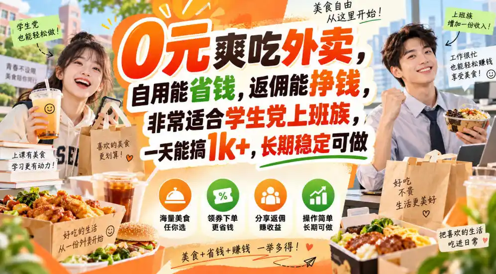 0元爽吃外卖，自用能省钱，返佣能挣钱，非常适合学生党上班族，一天能搞1k+，长期稳定可做-创客联盟