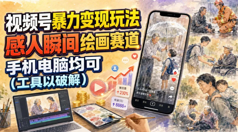 视频号暴力变现玩法，感人瞬间绘画赛道，手机电脑均可-创客联盟