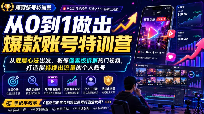 从0到1做出爆款账号特训营，从底层心法出发，教你像素级拆解热门视频，打造能持续出流量的个人账号-创客联盟