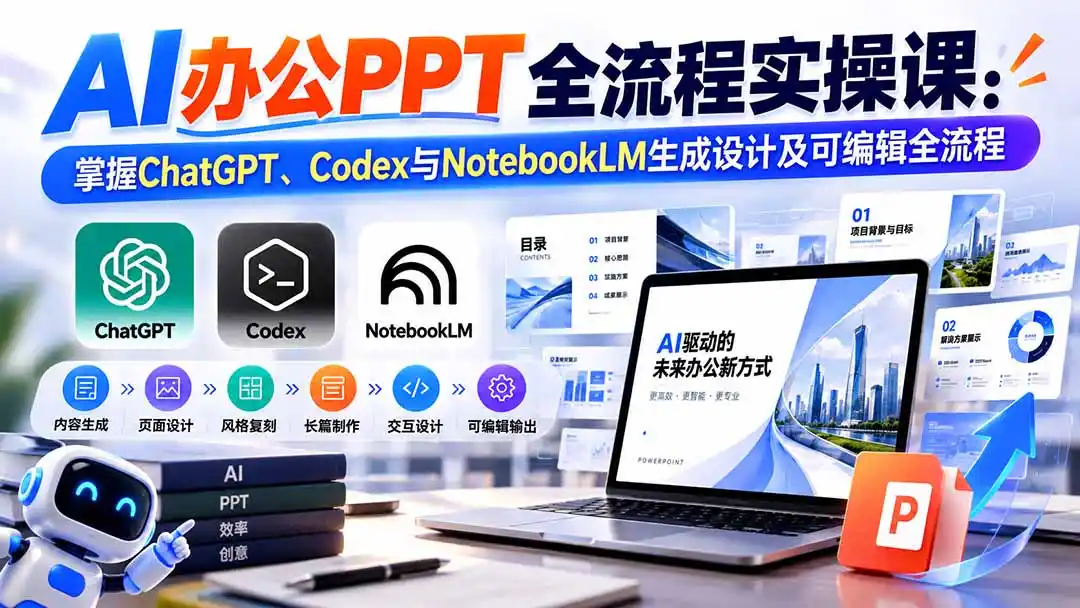 【无水印】AI办公PPT全流程实操课: 掌握ChatGPT、Codex与NotebookLM生成设计及可编辑全流程-创客联盟