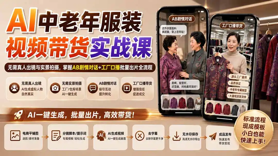 AI中老年服装视频带货实战课：无需真人出镜与实景拍摄，掌握AB剧情对话+工厂口播批量出片全流程-创客联盟