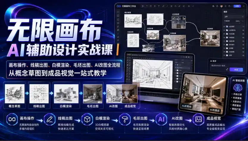 无限画布AI辅助设计实战课|画布操作、线稿出图、白模渲染、毛坯出图、AI改图全流程,从概念草图到成品视觉一站式教学(更新0923)