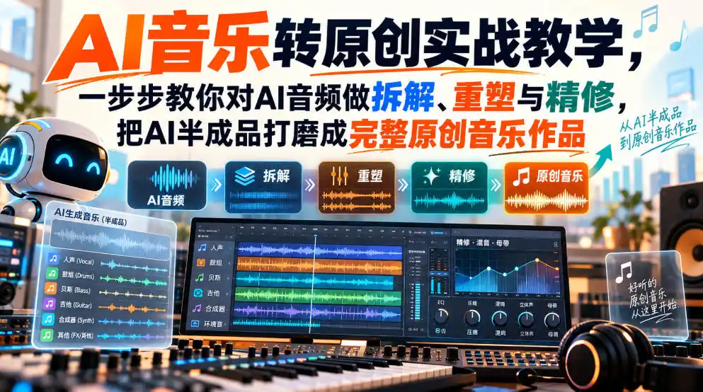 AI音乐转原创实战教学,一步步教你对AI音频做拆解、重塑与精修,把AI半成品打磨成完整原创音乐作品-创客联盟