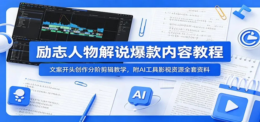 励志人物解说爆款内容教程:文案开头创作分阶剪辑教学,附AI 工具影视资源全套资料-创客联盟
