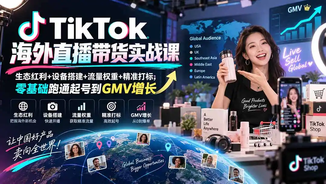 TikTok海外直播带货实战课｜生态红利+设备搭建+流量权重+精准打标，零基础跑通起号到GMV增长-创客联盟