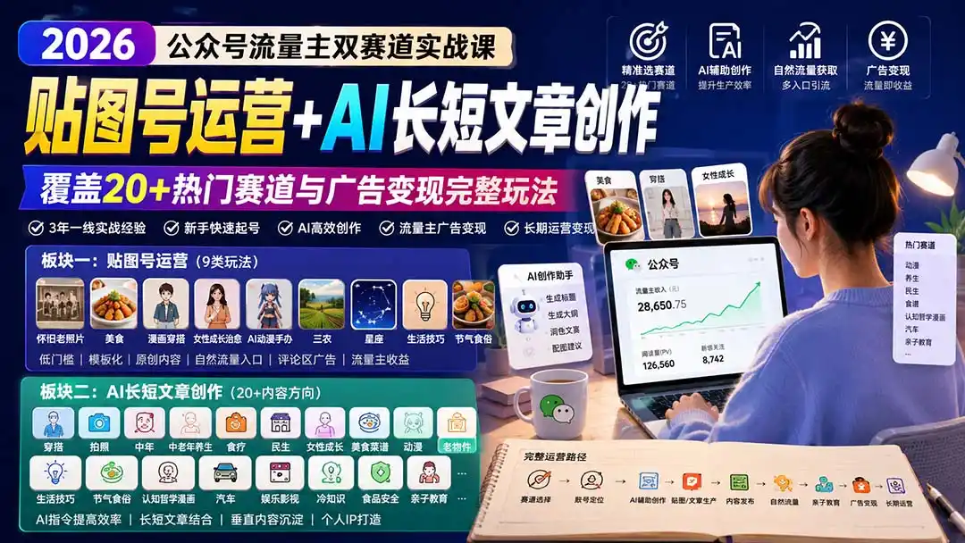公众号流量主双赛道实战课：贴图号运营+AI长短文章创作，覆盖20+热门赛道与广告变现完整玩法-创客联盟