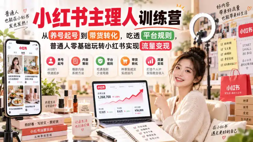小红书主理人训练营，从养号起号到带货转化，吃透平台规则，普通人零基础玩转小红书实现流量变现-创客联盟