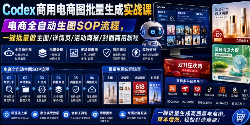 Codex商用电商图批量生成实战课｜电商全自动生图SOP流程，一键批量做主图/详情页/活动海报/封面商用教程-创客联盟
