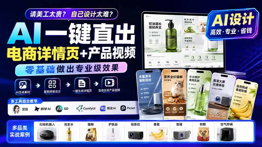 请美工太贵？自己设计太难？AI一键直出电商详情页+产品视频，零基础做出专业级效果 (更新0820-创客联盟