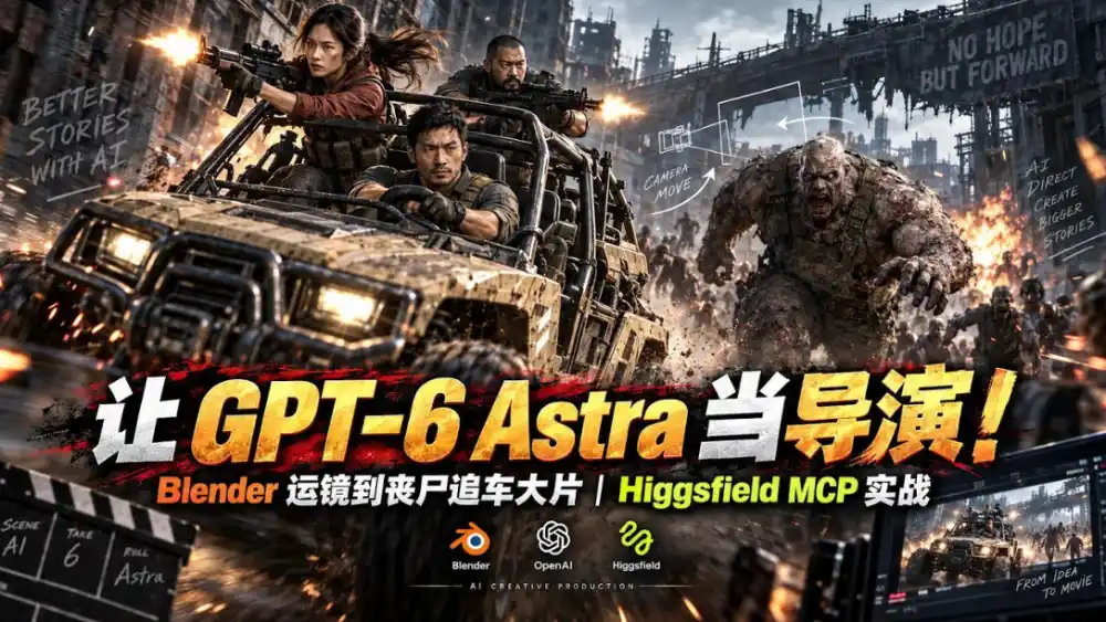 让GPT-6 Astra当导演！Blender运镜到丧尸追车大片｜Higgsfield MCP实战-创客联盟