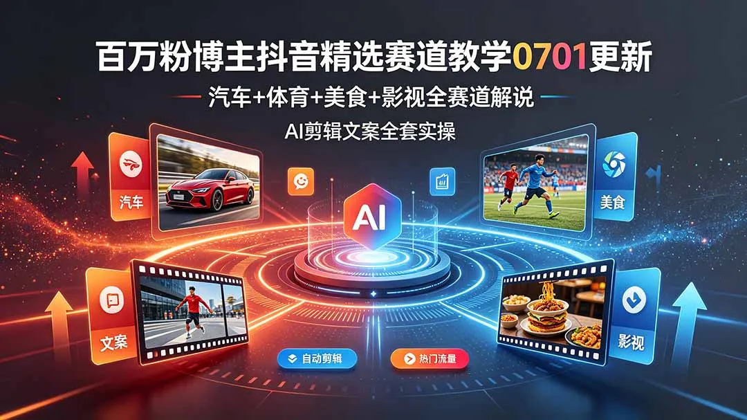 百万粉博主抖音精选赛道教学-0701更新,汽车+体育+美食+影视全赛道解说,AI剪辑文案全套实操-创客联盟