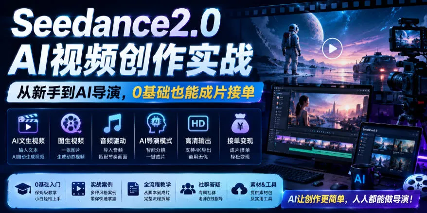 Seedance2.0 AI视频创作实战,从新手到AI导演,0基础也能成片接单变现-创客联盟