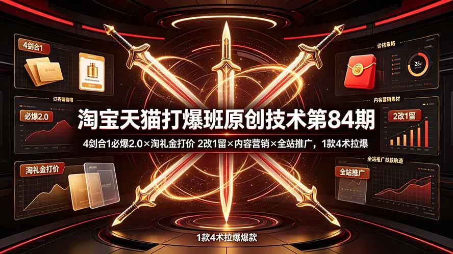淘宝天猫打爆班原创技术第84期：4剑合1必爆2.0×淘礼金打价×2改1留×内容营销×全站推广，1款4术拉爆-创客联盟