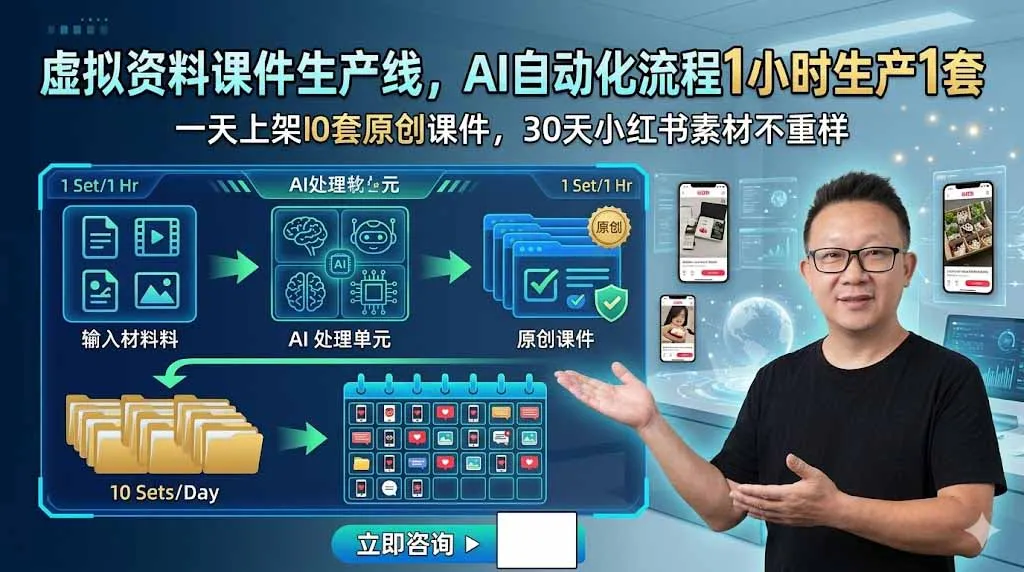 虚拟资料课件生产线，AI自动化流程1小时生产1套，一天上架10套原创课件，30天小红书素材不重样-创客联盟
