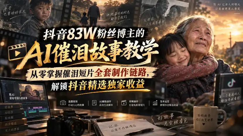抖音83W粉丝博主的AI催泪故事教学,从零掌握催泪短片全套制作链路,解锁抖音精选独家收益-创客联盟