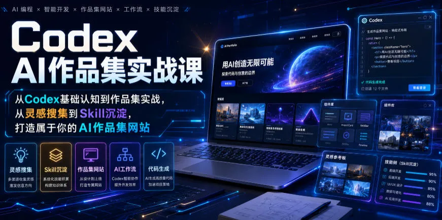 Codex AI作品集实战课，从Codex基础认知到作品集实战，从灵感搜集到Skill沉淀，打造属于你的AI作品集网站-创客联盟