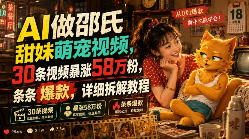 AI做邵氏甜妹萌宠视频，30条视频暴涨58万粉，条条爆款，详细拆解教程-创客联盟