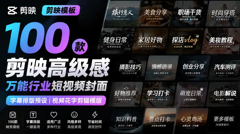 【剪映模板】100款剪映高级感万能行业短视频封面字幕排版预设视频花字剪辑模版-创客联盟