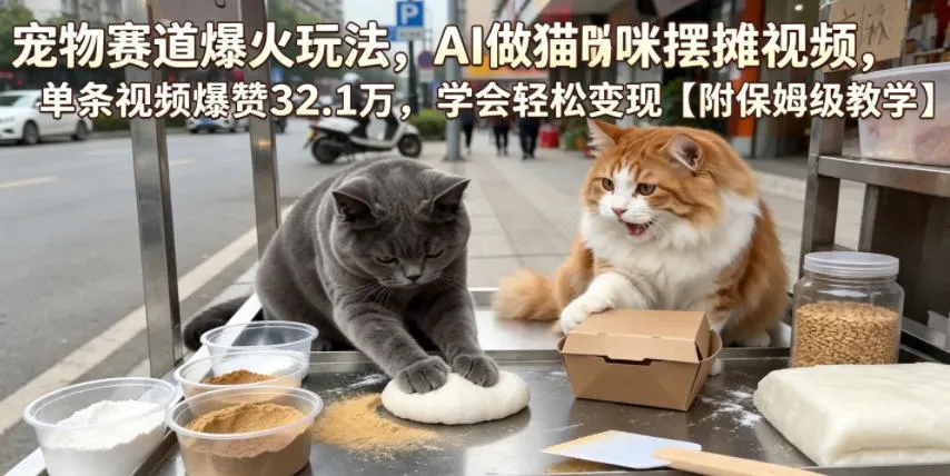 宠物赛道爆火玩法,AI做猫咪摆摊视频,单条视频爆赞32.1万,学会轻松变现【附保姆级教学】-创客联盟