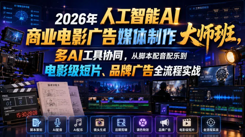 2026年人工智能AI商业电影广告媒体制作大师班，多AI工具协同，从脚本配音配乐到电影级短片、品牌广告全流程实战(中英字幕)-创客联盟