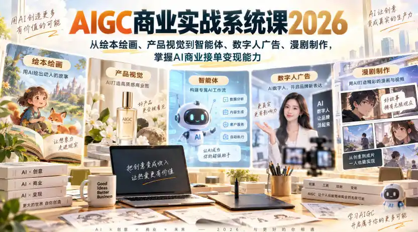 AIGC商业实战系统课2026，从绘本绘画、产品视觉到智能体、数字人广告、漫剧制作，掌握AI商业接单变现能力-创客联盟