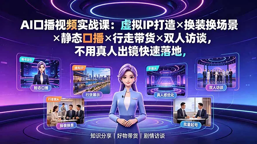 AI口播视频实战课：虚拟IP打造×换装换场景×静态口播×行走带货×双人访谈，不用真人出镜快速落地-创客联盟
