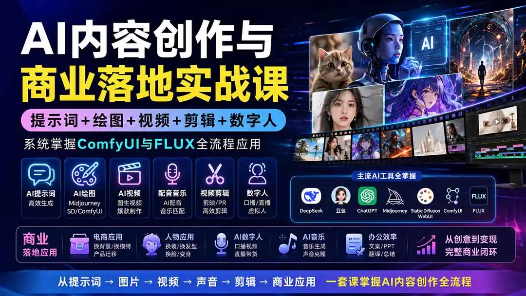 AI内容创作与商业落地实战课：提示词+绘图+视频+剪辑+数字人，系统掌握ComfyUI与FLUX全流程应用-创客联盟