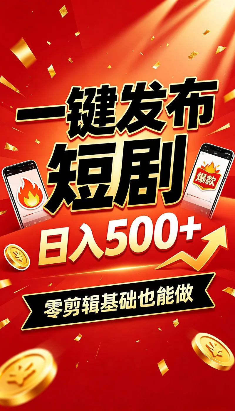 快手短剧一键发布，不用剪辑操作简单，副业日入500+。空闲时间轻松赚收益-创客联盟