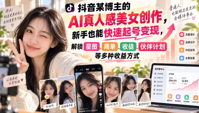 抖音某博主的AI真人感美女创作,新手也能快速起号变现,解锁星图,商单,收徒,伙伴计划等多种收益方式-创客联盟