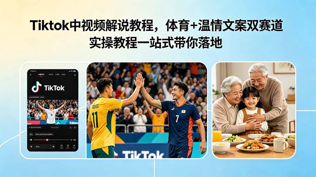 Tiktok中视频解说教程，体育+温情文案双赛道实操教程一站式带你落地-云网创