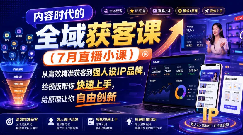 内容时代的全域获客课(7月直播小课)，从高效精准获客到强人设IP品牌，给模版帮你快速上手，给原理让你自由创新-创客联盟