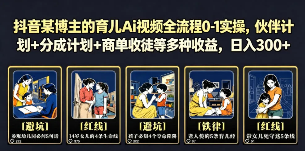 抖音某博主的育儿Ai视频全流程0-1实操,伙伴计划+分成计划+商单收徒等多种收益,日入300+-创客联盟