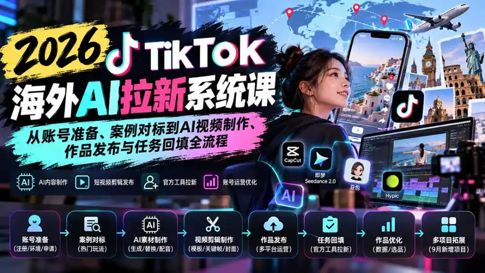 【无水印】2026 TikTok海外AI拉新系统课:从账号准备、案例对标到AI视频制作、作品发布与任务回填全流程-创客联盟