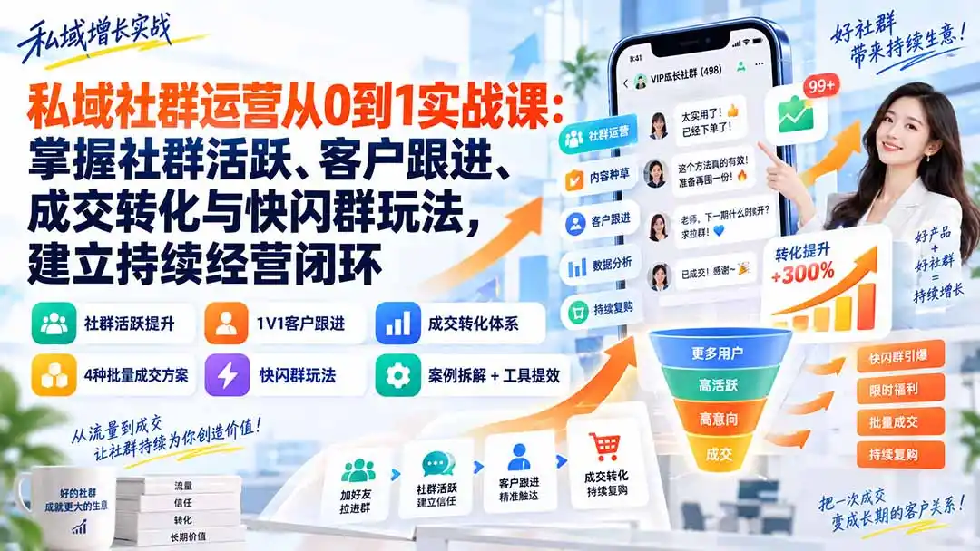 私域社群运营从0到1实战课:掌握社群活跃、客户跟进、成交转化与快闪群玩法,建立持续经营闭环-创客联盟