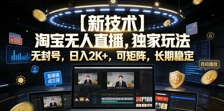 【新技术】淘宝无人直播，独家玩法，无封号，日入2K+，可矩阵，长期稳定【揭秘】-创客联盟